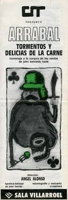 Cartel vertical en blanco y negro con el título Tormentos y delicias de la carne y el dibujo de una figura con casco
